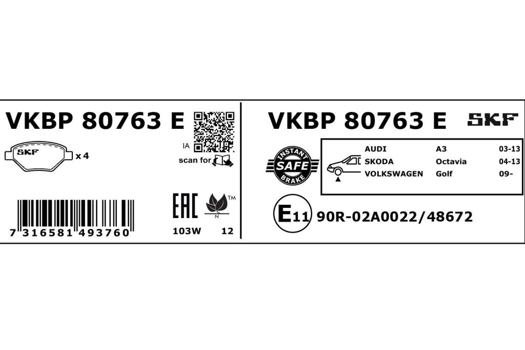 Jeu de 4 plaquettes de frein SKF ref. VKBP 80763 E